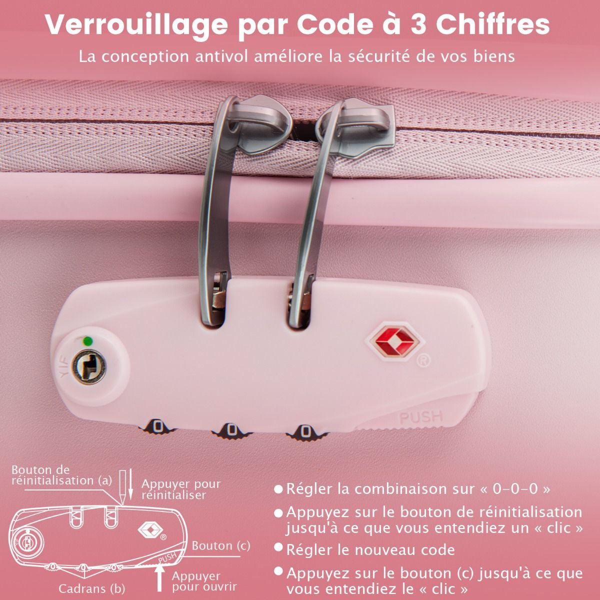 Bagage À Main 20" Avec Roulettes Valise Coque Rigide En PC Avec Poignée Réglable En Hauteur Approuvé Par Les Compagnies Aériennes Bleu/Rose