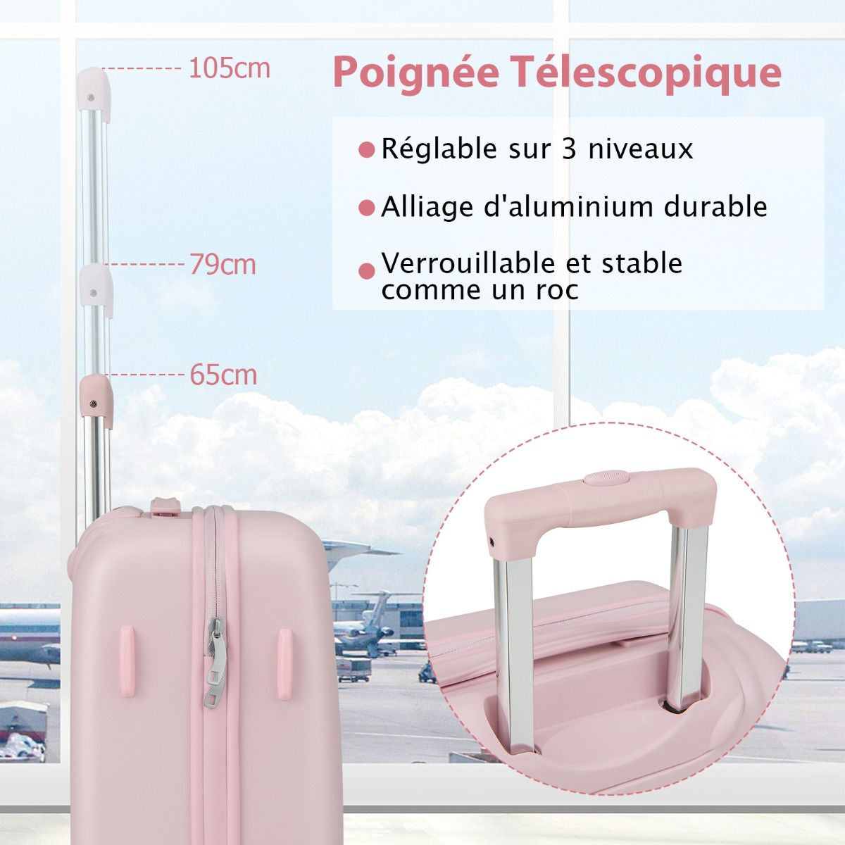 Bagage À Main 20" Avec Roulettes Valise Coque Rigide En PC Avec Poignée Réglable En Hauteur Approuvé Par Les Compagnies Aériennes Bleu/Rose