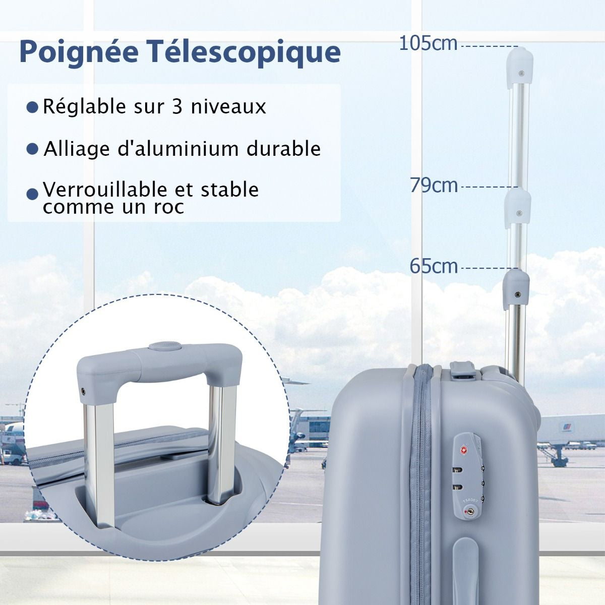 Bagage À Main 20" Avec Roulettes Valise Coque Rigide En PC Avec Poignée Réglable En Hauteur Approuvé Par Les Compagnies Aériennes Bleu/Rose